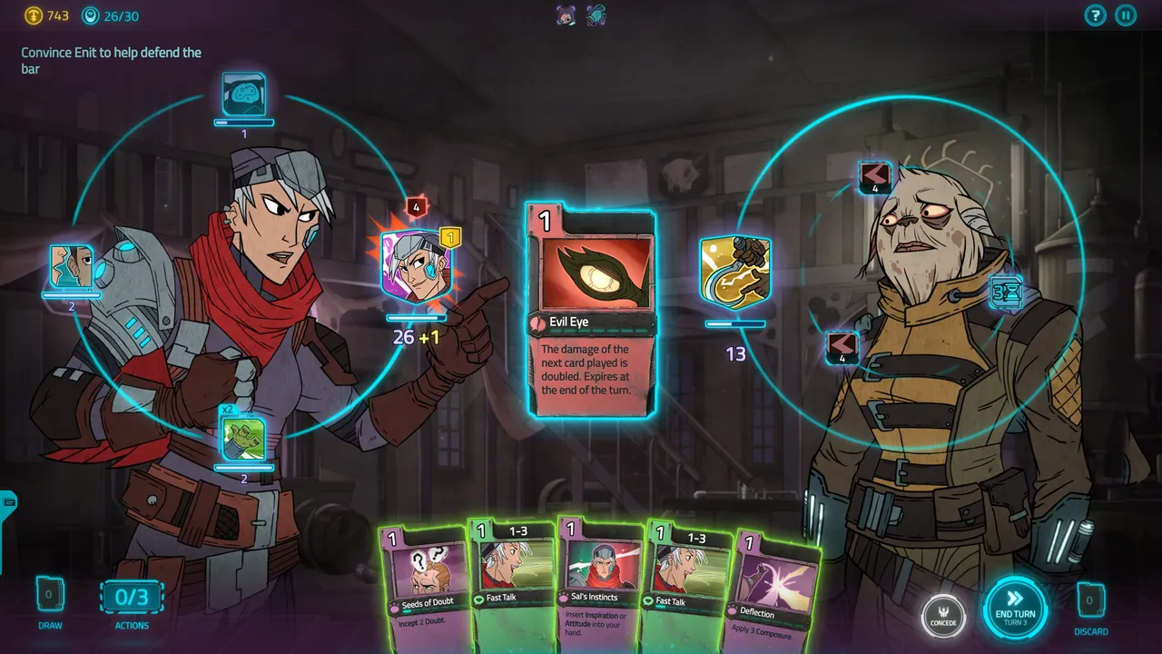 Griftlands: a negotiation between Sal and an old man, each surrounded by argument icons, with negotiation cards in hand