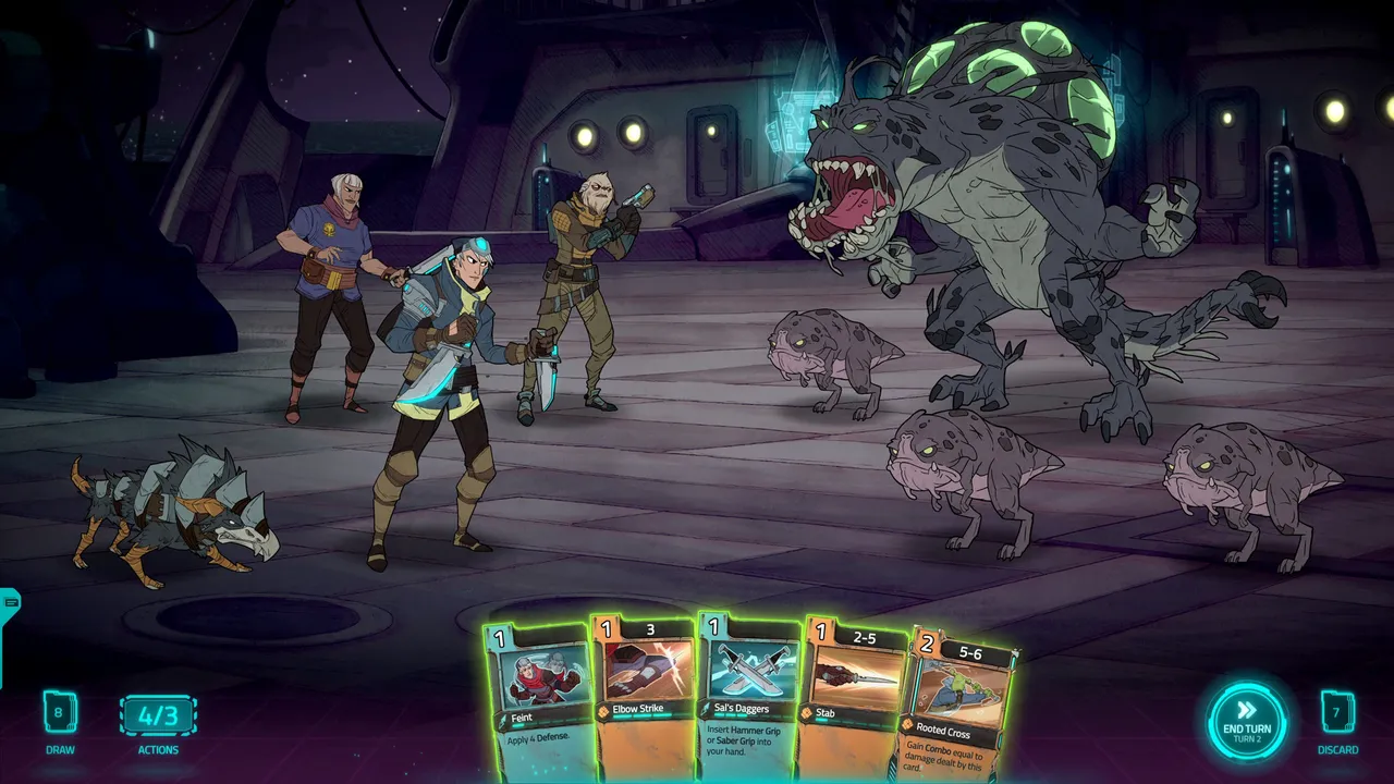 Griftlands: a mercenary with a pet and two allies facing a large green-crested beast and its young, with a hand of battle cards below