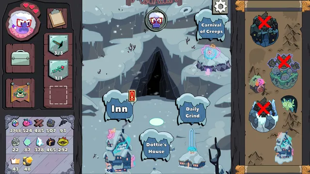 Grindstone mountain map with signs for the Inn, Daily Grind, Dottie's House and the Carnival of Creeps