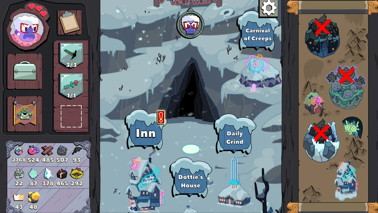 Grindstone mountain map with signs for the Inn, Daily Grind, Dottie's House and the Carnival of Creeps