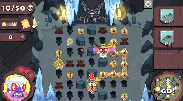 A Grindstone level in an ice cave: a chain traced through yellow creeps from the hero, 10 of 50 creeps slain, gear slots on the right