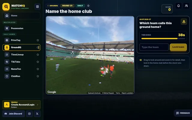 GroundIQ daily, round 1 of 5: a Street View scene inside a football stadium with green seats and a roof, beside 'Which team calls this ground home?', a 38-second time bonus bar and a Type the team box