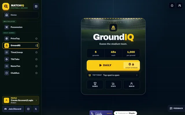 The GroundIQ start screen on MatchIQ: "Guess the stadium team" over a floodlit stadium, 5 grounds, 45 seconds each, 1,000 points per ground, and a Daily button with streak