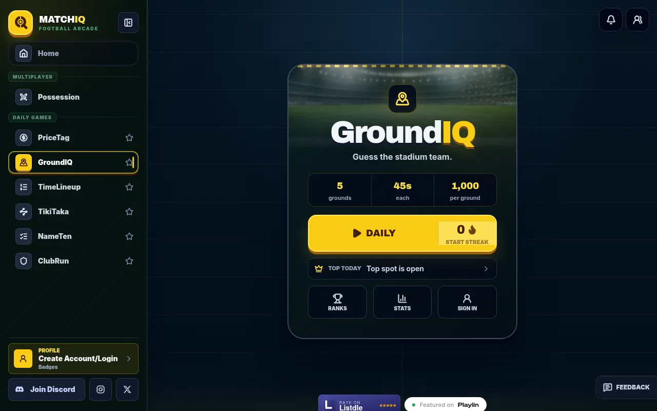 The GroundIQ start screen on MatchIQ: "Guess the stadium team" over a floodlit stadium, 5 grounds, 45 seconds each, 1,000 points per ground, and a Daily button with streak