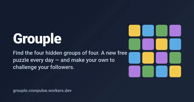 The Grouple share card: the name Grouple beside a 4 by 4 grid of yellow, blue, green and purple tiles, with the line Find the four hidden groups of four