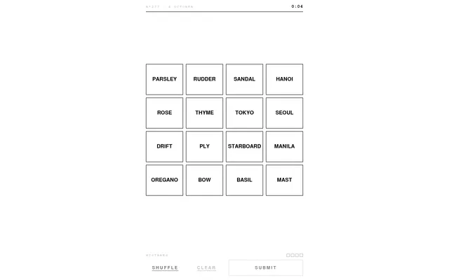 Groups·16 No. 277 for 4 October: a four by four board of words such as Parsley, Rudder, Tokyo and Basil to sort into four groups, with four mistakes allowed