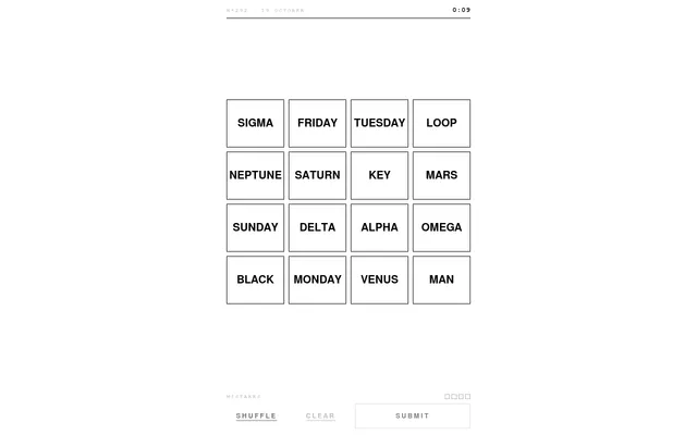 Groups·16 No. 292 for 19 October: a four by four board of words such as Sigma, Neptune, Monday and Loop, with the clock running and four mistake boxes
