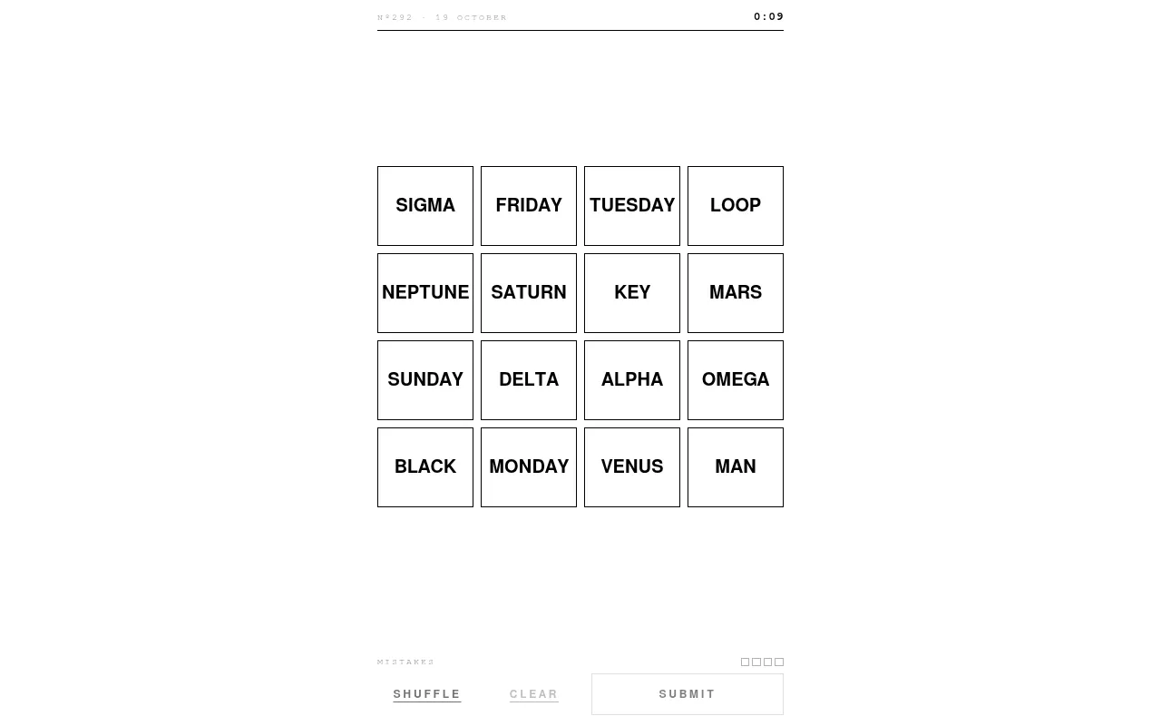 Groups·16 No. 292 for 19 October: a four by four board of words such as Sigma, Neptune, Monday and Loop, with the clock running and four mistake boxes