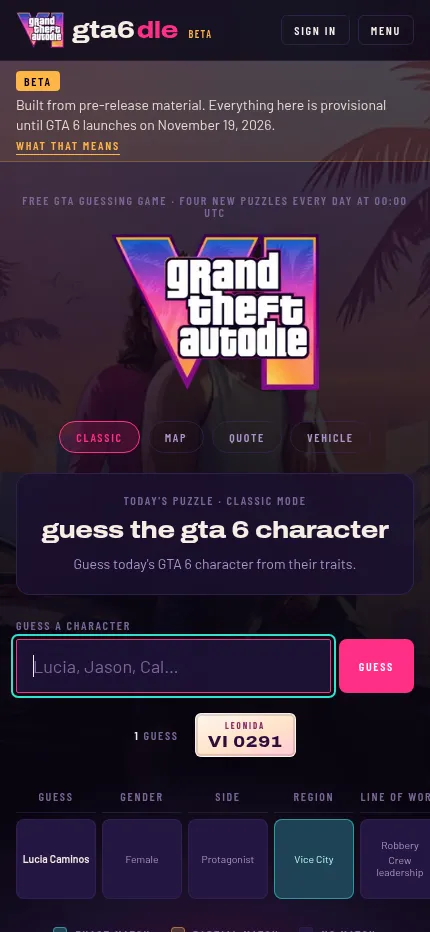 GTA6dle Classic mode on a phone: a first guess, Lucia Caminos, with her gender, side, region and line of work compared against the day's character