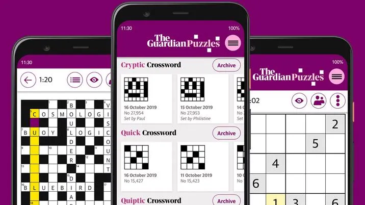 Guardian puzzles on three phones: a crossword grid being filled in, a list of Cryptic Crossword grids dated October 2019 with setters Paul and Philistine, and a sudoku