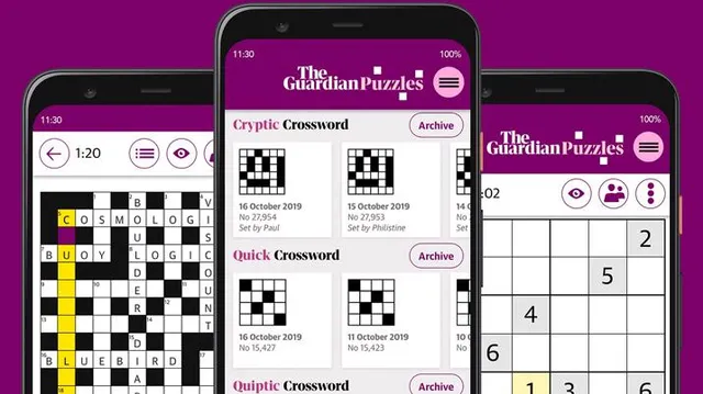 Three phones running Guardian puzzles: a crossword grid being filled in, a list of Cryptic and Quick crossword grids by date and number, and a sudoku