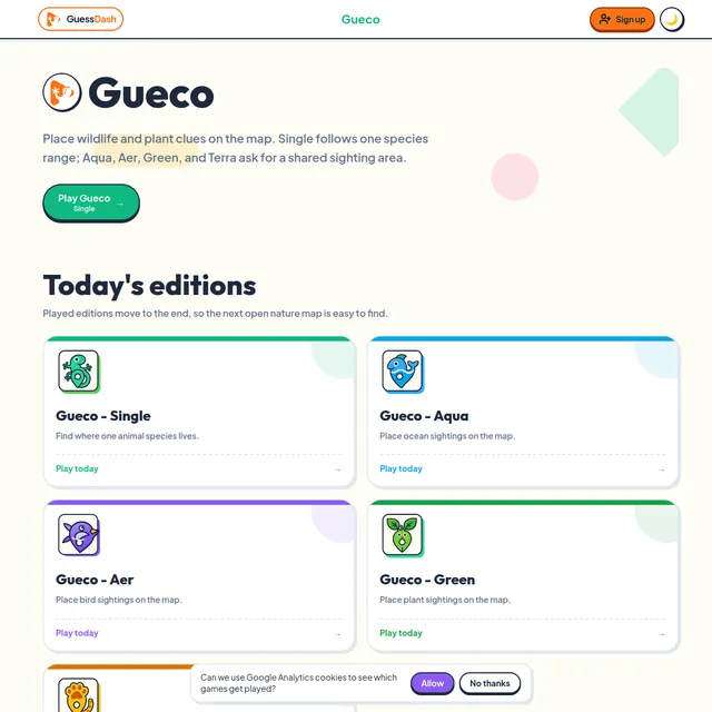 Gueco page with Today's editions: Gueco Single, Aqua, Aer and Green cards