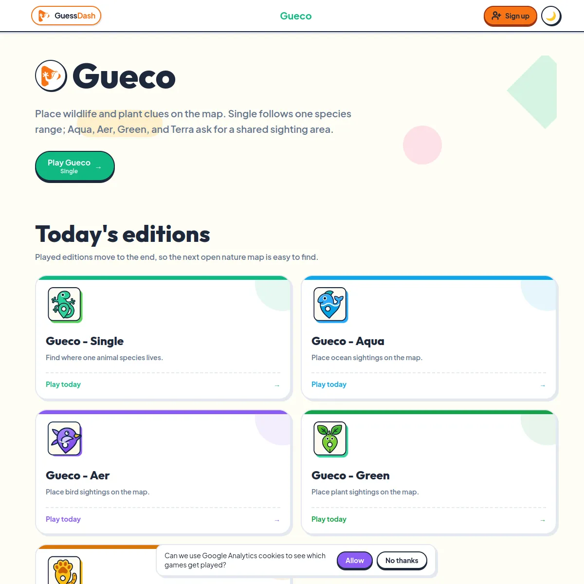 Gueco page with Today's editions: Gueco Single, Aqua, Aer and Green cards