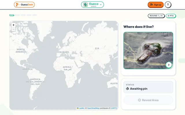 Gueco Single, round 1 of 5: a world map waiting for a pin beside a photo of a turtle with the question Where does it live?