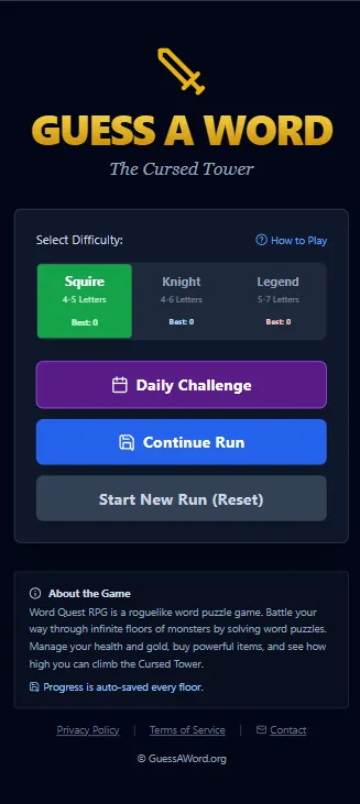 Guess A Word menu with Squire, Knight and Legend difficulties, a Daily Challenge button and Continue Run
