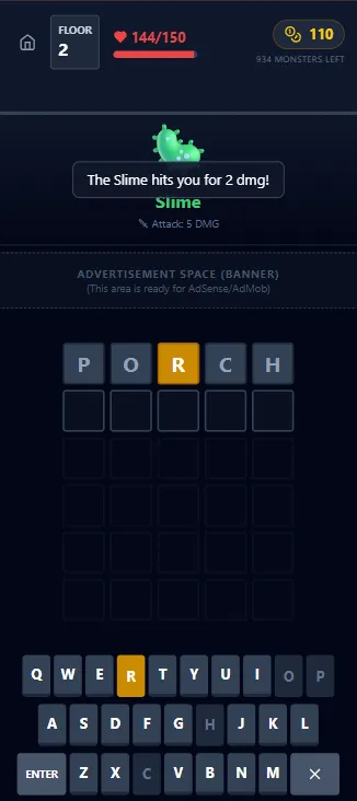 Guess A Word floor 2: a Slime hits for 2 damage after the guess PORCH, with R marked yellow
