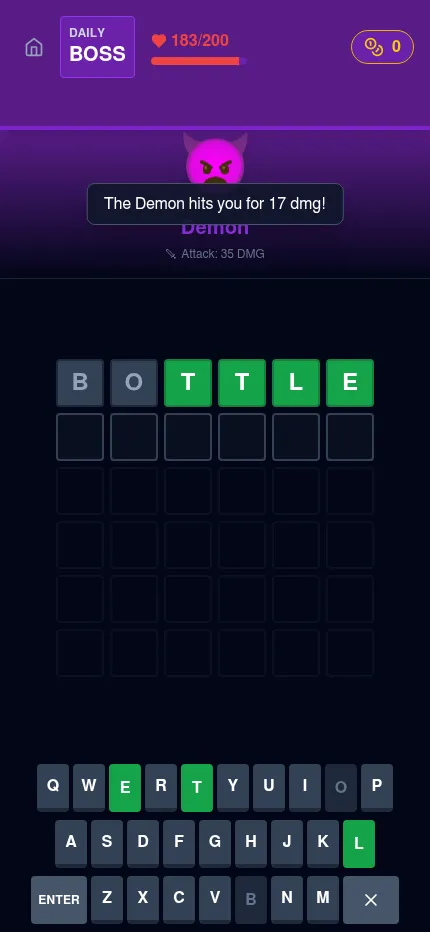 Guess A Word Daily Boss on 29 October 2026 at phone size: the Demon hits for 17 after the guess BOTTLE, with T, T, L and E marked green on a six-letter board