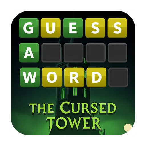 Guess A Word: The Cursed Tower cover art, the title in green and yellow letter tiles over a dark green tower