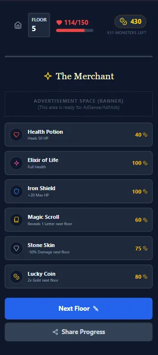 Guess A Word merchant on floor 5 selling health potions, an iron shield, a magic scroll and other buffs for gold