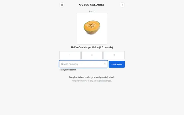 Guess Calories daily screen: a photo of half a cantaloupe melon (1.5 pounds), three empty guess boxes and a Guess calories input with a Lock guess button
