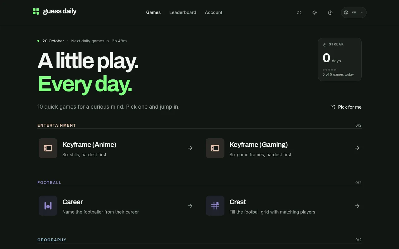 Guess Daily home page with the date, a countdown to the next daily games, a streak card and the Keyframe and football games