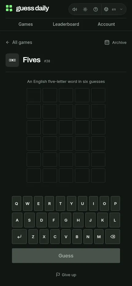 Guess Daily's Fives round on a phone: an empty six-row grid above an on-screen keyboard