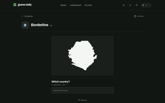Guess Daily's Borderline round #38 on 20 October 2026: a white country outline to name, with five guesses left and a text box