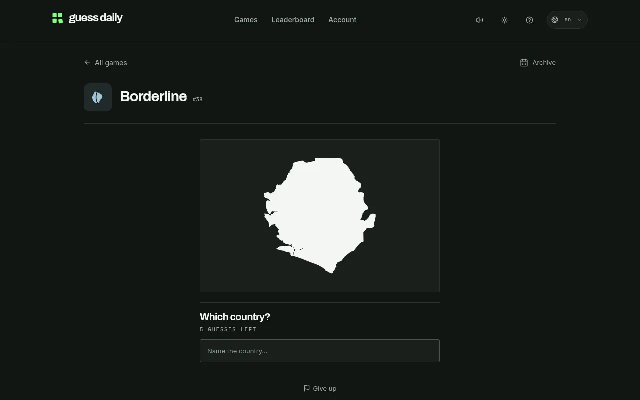 Guess Daily's Borderline round #38 on 20 October 2026: a white country outline to name, with five guesses left and a text box