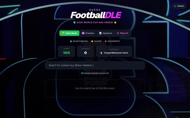 The Guess Football Dle daily board: Daily Mode, Practice, Hardcore and Play 1v1 tabs, a colour key, score 100, guesses 0, yesterday's player Sergej Milinkovic-Savic and a player search bar