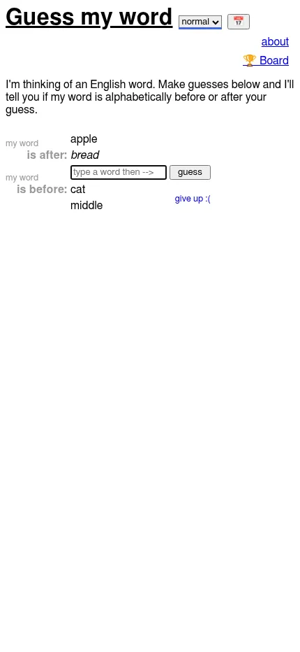 Guess My Word at phone size mid-game, with the after list above the guess box and the before list under it