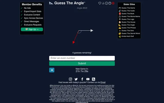 Guess The Angle #605: two arrows meeting at a point with an arc marking the angle between them, 4 guesses remaining, a box for an even number and a countdown to the next game