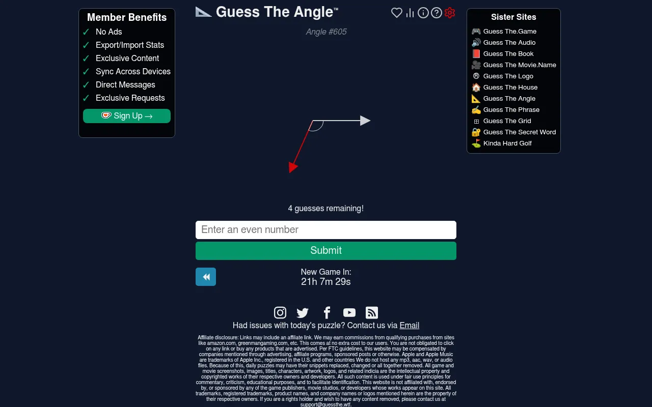 Guess The Angle #605: two arrows meeting at a point with an arc marking the angle between them, 4 guesses remaining, a box for an even number and a countdown to the next game