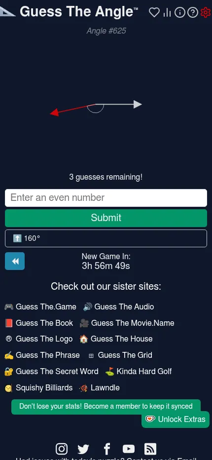 Guess The Angle #625 at phone size after a first guess of 160 degrees with an up arrow, 3 guesses remaining and the sister sites list below