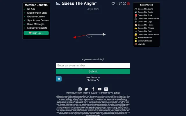 Guess The Angle #625 on 26 October 2026: a white and a red arrow from one point with an arc between them, 4 guesses remaining, an even-number box and the countdown
