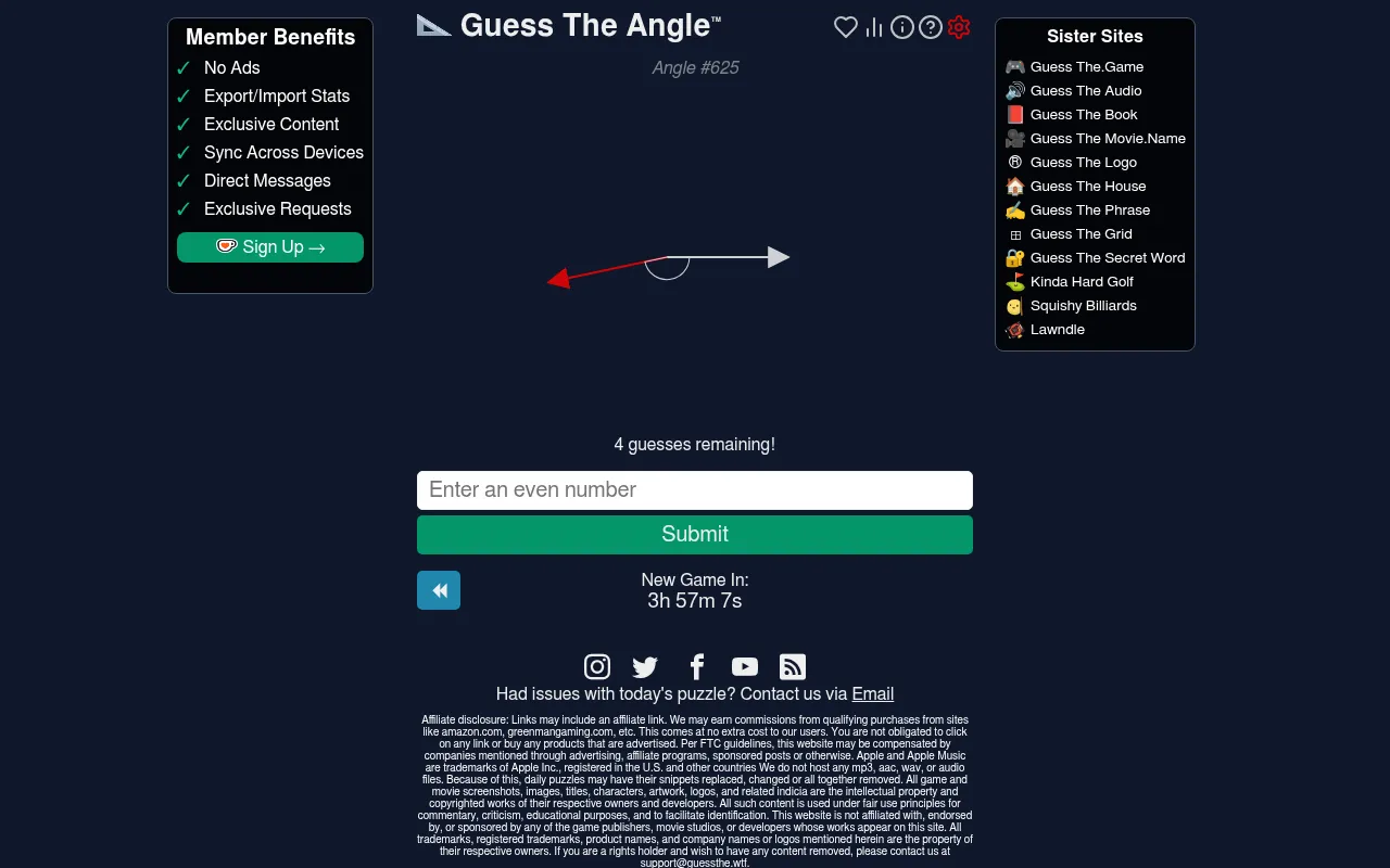 Guess The Angle #625 on 26 October 2026: a white and a red arrow from one point with an arc between them, 4 guesses remaining, an even-number box and the countdown