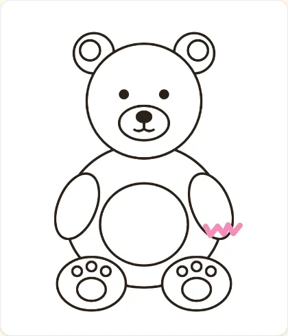 Guess the Bear #3 in progress: a black outline teddy bear sitting with paws forward, with one pink zigzag doodle added on its left arm as the first feature