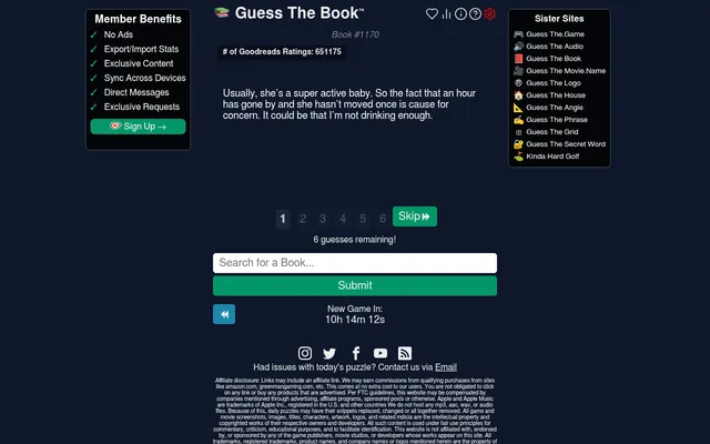 Guess The Book #1170: the Goodreads ratings count and an opening excerpt as the first clue, guesses 1 to 6, a book search box and the countdown to the next game