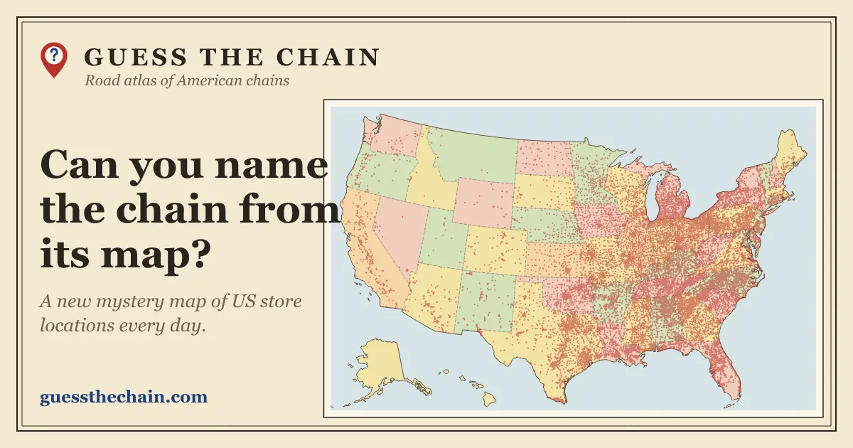 Guess the Chain share image: a US map covered in chain store dots beside the line Can you name the chain from its map?