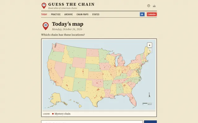 Guess the Chain Map No. 22 for Monday, October 26, 2026: a US state map scattered with red dots, one for each location of the day's mystery chain