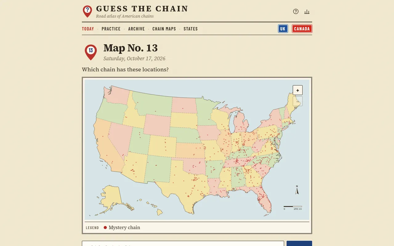 Guess the Chain Map No. 13 for October 17, 2026: a US state map with red dots for each location of the mystery chain