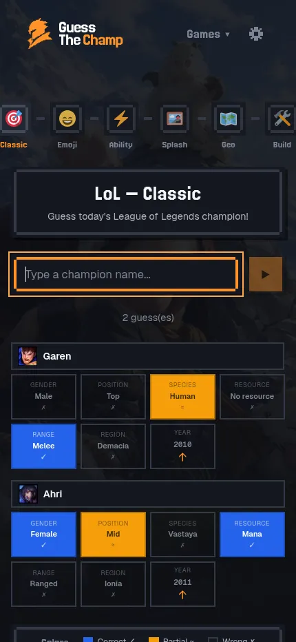 Guess the Champ LoL Classic on a phone, with guesses for Garen and Ahri compared on gender, position, species, resource, range, region and year