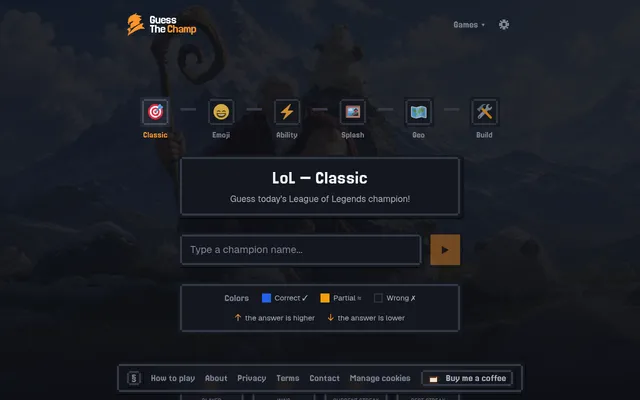Guess the Champ LoL Classic mode: Classic, Emoji, Ability, Splash, Geo and Build mode icons, 'Guess today's League of Legends champion' and the colour key