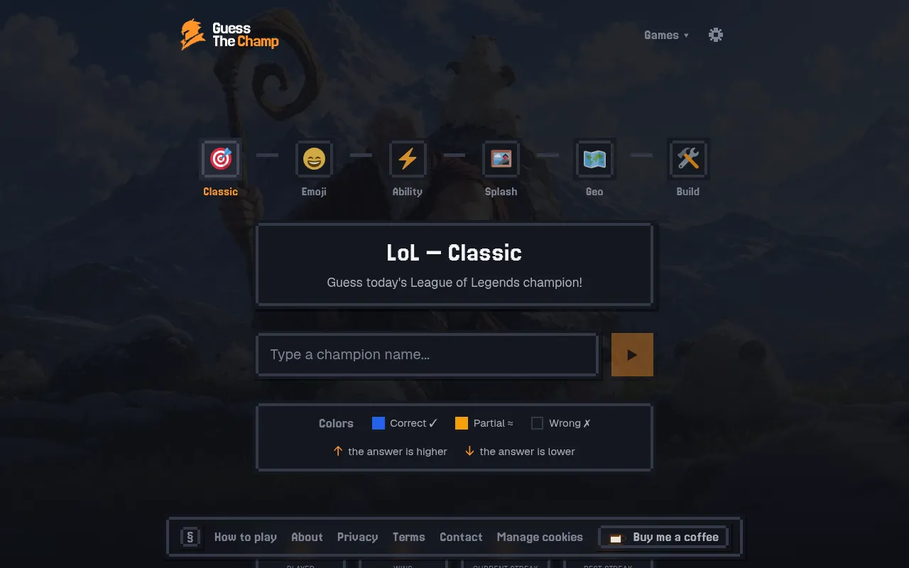 Guess the Champ LoL Classic mode: Classic, Emoji, Ability, Splash, Geo and Build mode icons, 'Guess today's League of Legends champion' and the colour key