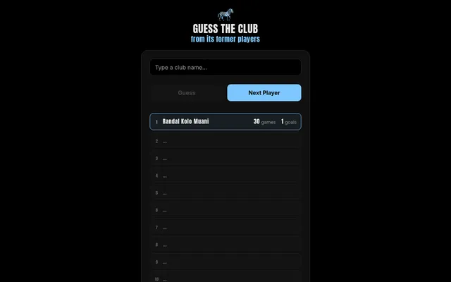 Guess the Club board: a club name box, Guess and Next Player buttons, the first former player shown with 30 games and 1 goal, and nine hidden rows below