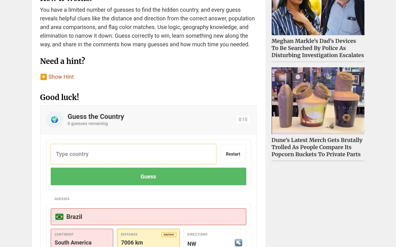 Guess The Country header with the timer, guesses remaining, country input and Guess button