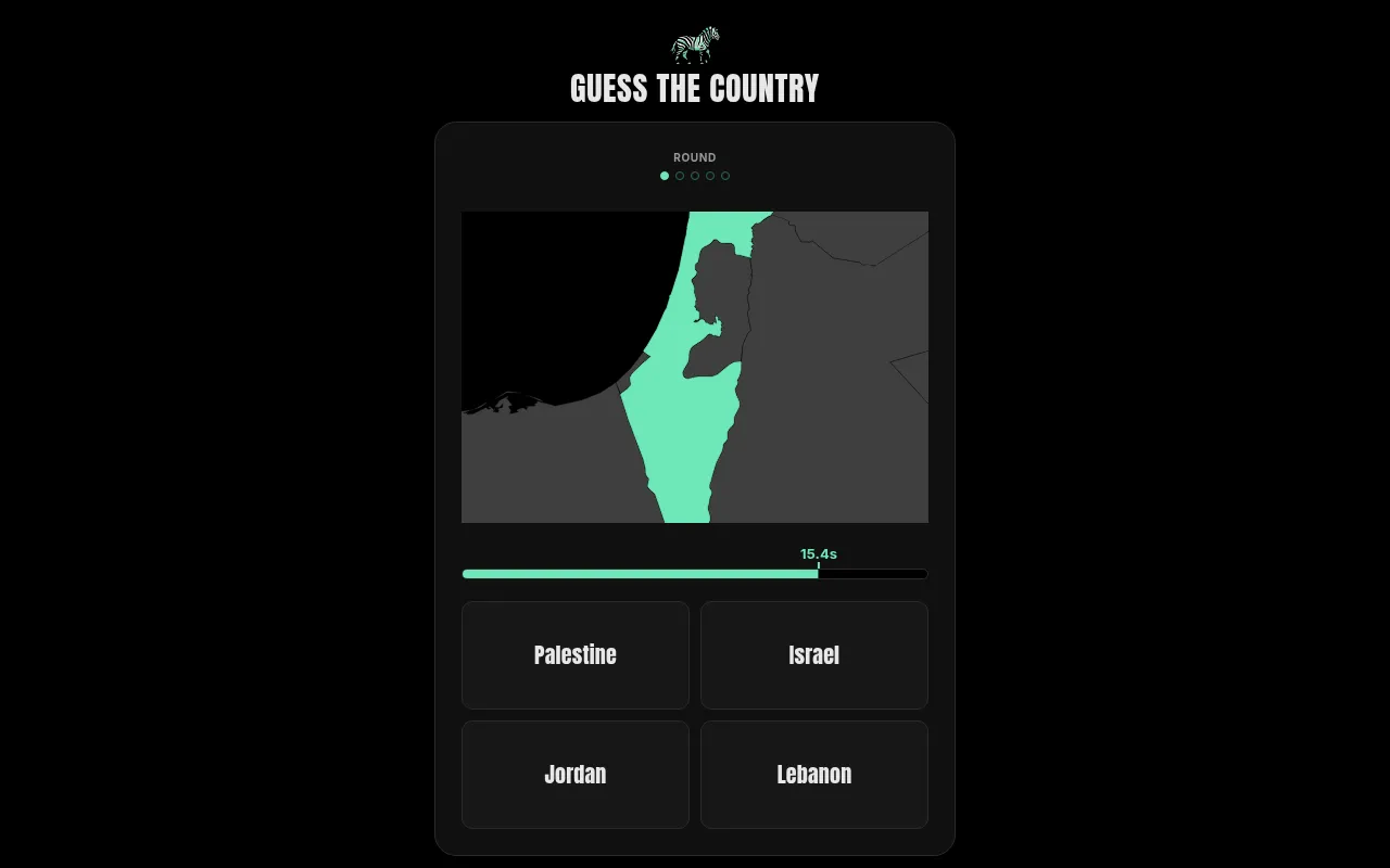 Guess the Country round 1 of 5: a country outline in mint among grey neighbours and black sea, a timer at 15.4 seconds and four country options