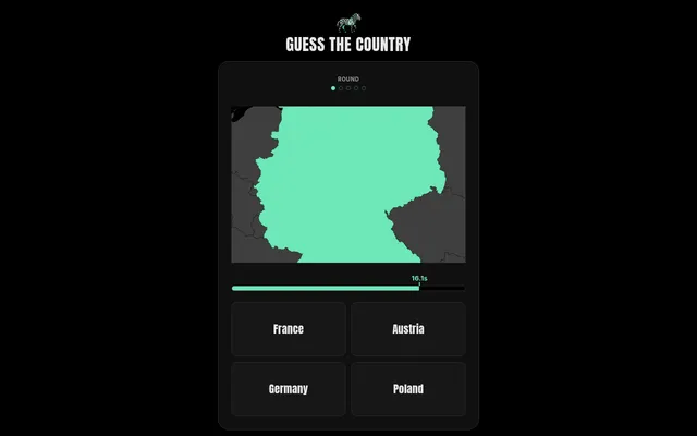 Guess the Country, 20 October 2026, round 1 of 5: a cropped mint outline of Germany among grey neighbours, the timer at 16.1 seconds and four options: France, Austria, Germany, Poland