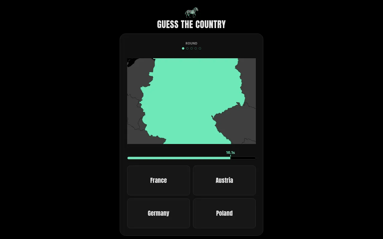 Guess the Country, 20 October 2026, round 1 of 5: a cropped mint outline of Germany among grey neighbours, the timer at 16.1 seconds and four options: France, Austria, Germany, Poland