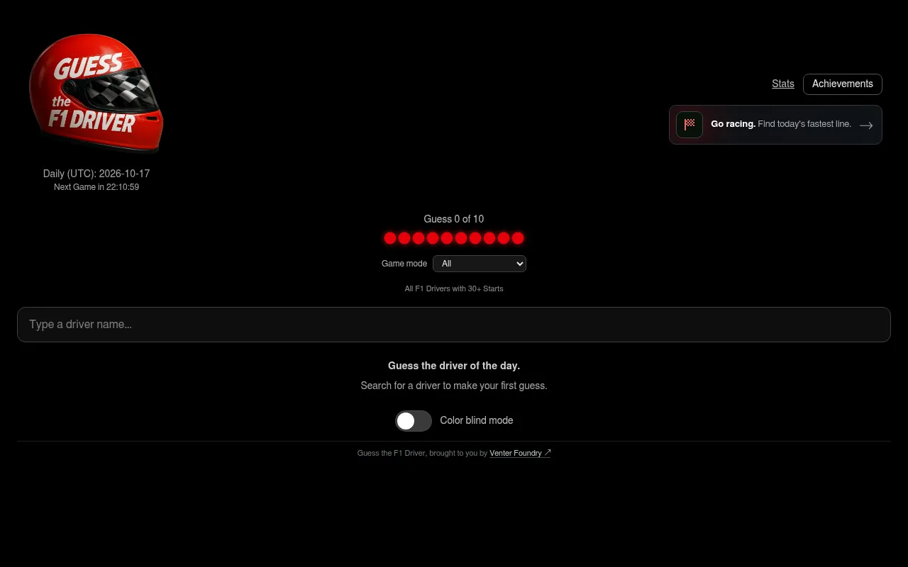 Guess the F1 Driver before the first guess: the day's UTC date, ten guesses left, the game mode menu and the driver search box
