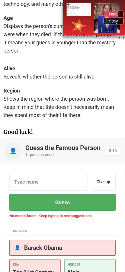Guess The Famous Person #221 on a phone after a first guess, Barack Obama, with the timer running and the first clue cards below